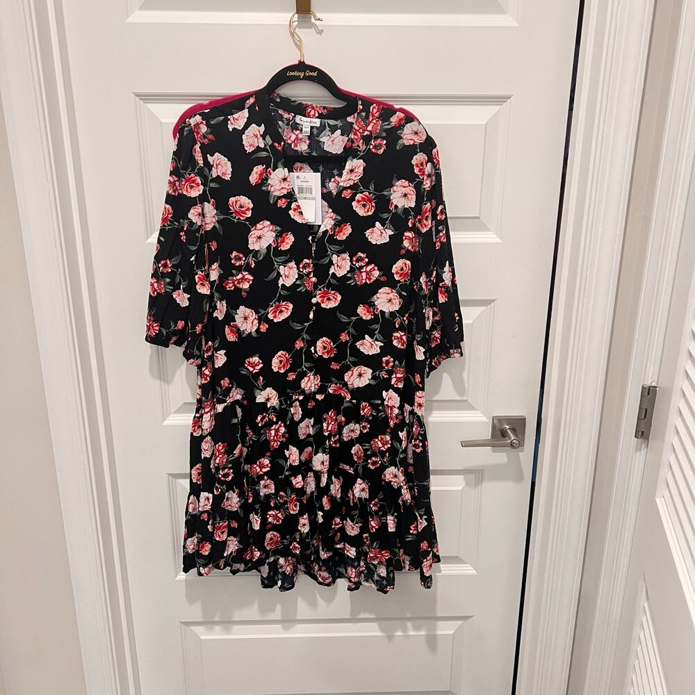 Love Fire Black Floral Dress 1X Plus Size Rayon Boho Cottagecore Mini Dress NWT